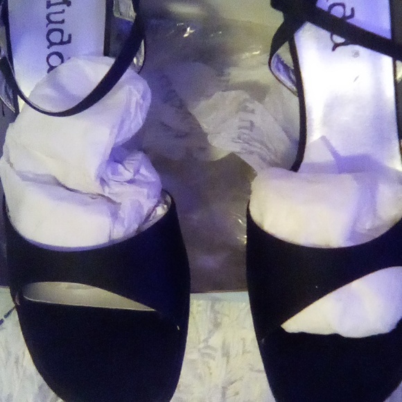NWT Strappy Black SATIN Heels With Ankle Strap And Buckle - Picture 2 of 11